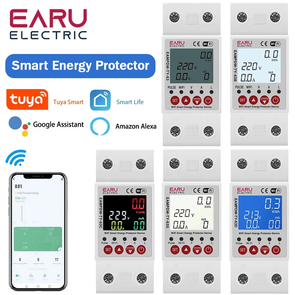 

2P 63A 230V Tuya WiFi Smart Energy Meter Power kWh Meter Earth Leakage Over Under Voltage Protector Relay Device Switch Breaker