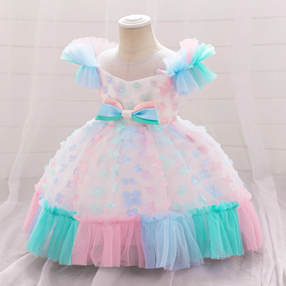 Baby Girl Dress Summer Rainbow Colorful Dress For Kids Korean Princess Babies Party Clothes For Children Formal Christening