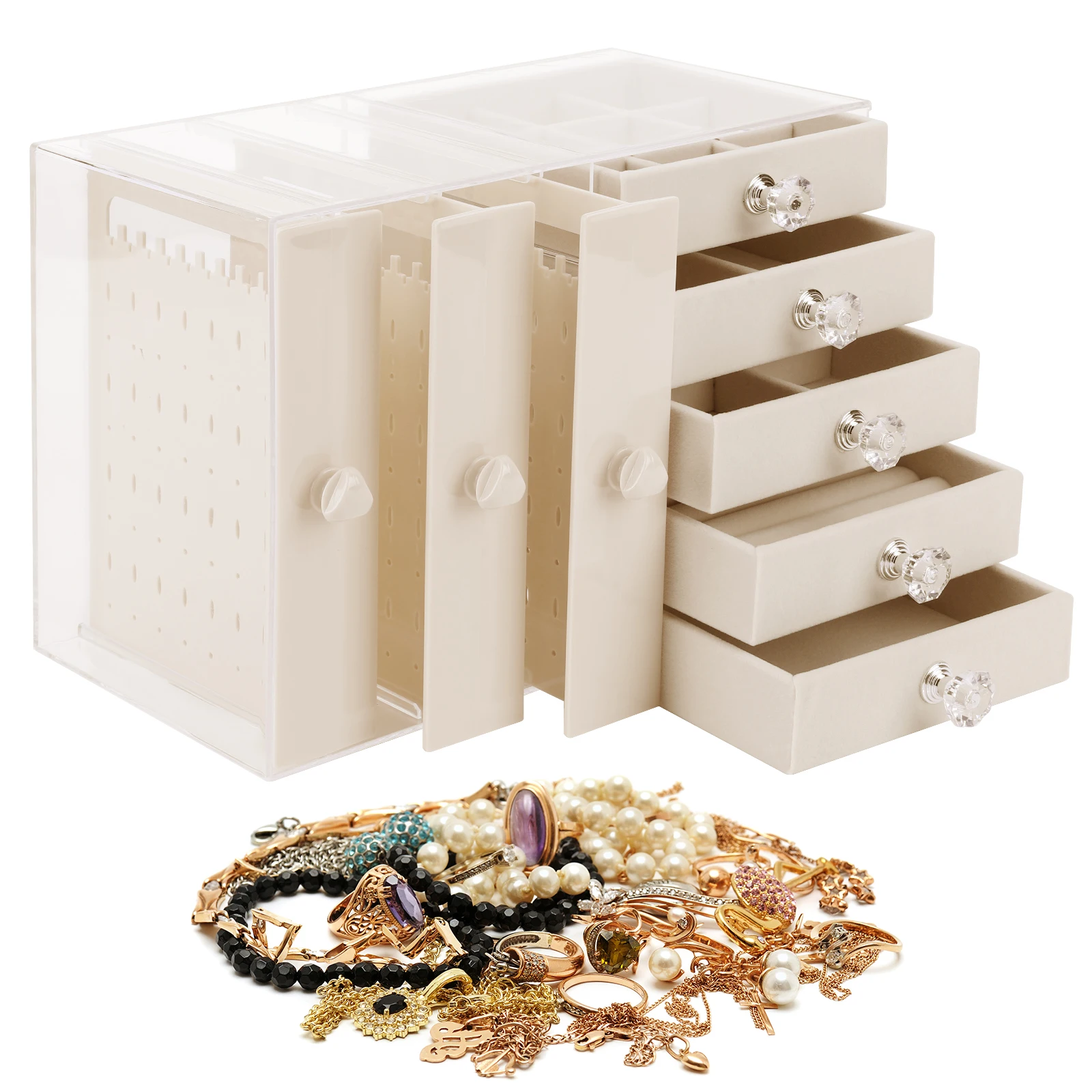 

Multifunction Jewelry Storage Organizer with Necklace Hanger and Large Capacity Drawer Box for Rings Earrings and Bracelets