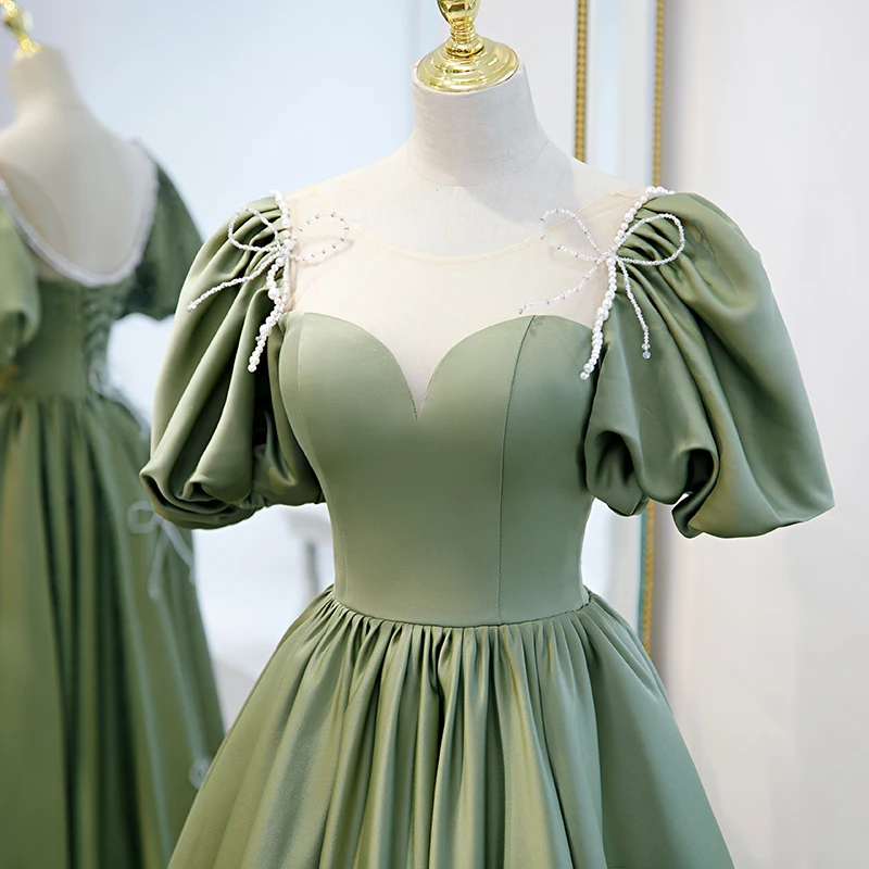 Robe de soirée en satin vert avocat personnalisée pour femme, manches bouffantes princesse, longue ligne A, robe de Rhformelle, quelle que soit la robe éducative