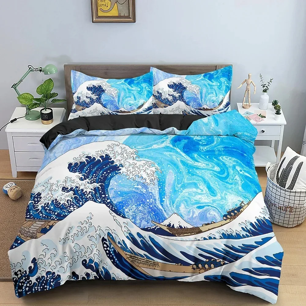 

Big Wave Japanese Art Abstract Comfortable Duvet Quilt Cover Pillowcase Bedding Set Children Bedroom Decoration Home Textile