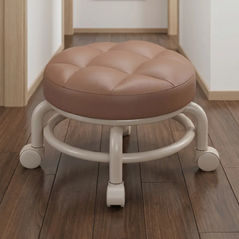 360° rotatable Rolling Stool High resilience sponge Silent wheels Round Stool Leather surface Waterproof & stainproof