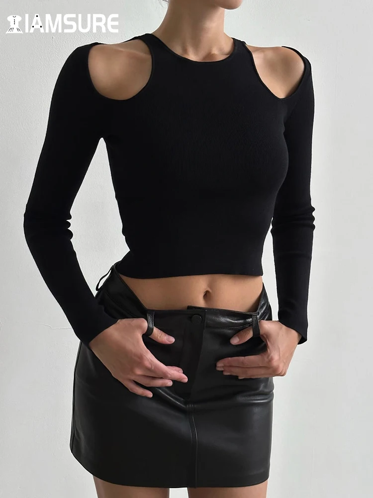 

IAMSURE Elegant Fashion Hollow Out Cropped Sweaters Sexy Slim Off-Shoulders Long Sleeve Knitted Pullovers Women Autumn Winter