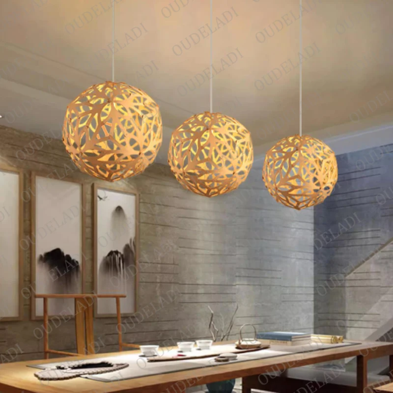 

OUDELADIVintage DIY woven E27 LED Wood Pendant Lights creative Round ball hanging lamp dining living room Cafe pendant lamp