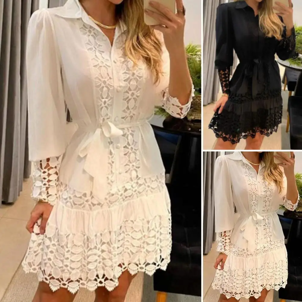 Spring Summer New Long Sleeve For Women's Dresses Solid Color Lace Splicing Fashion Cutout Shirt Elegant Female Sexy Dress