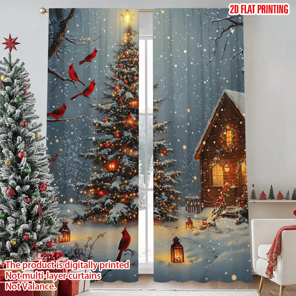

2pcs 2D flat printing Christmas Curtains Snow Christmas tree_ red card Versatile Polyester Without Electricity Family Party for