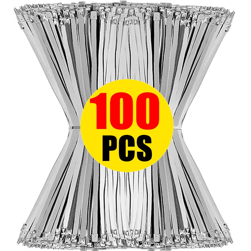 50pc/100Pc Stainless Steel Cable Ties Metal Zip Ties Strap for Exhaust Wrap Multi-Purpose Heavy Duty Self-locking Fastening Ring