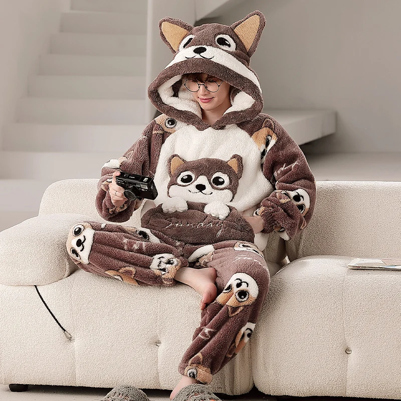 Winter Cute Animal Hooded Coral Man Pajamas Pajama Sets Nightwear Long Sleeve Thicken Warm Flannel Soft Sleepwear pijama hombre