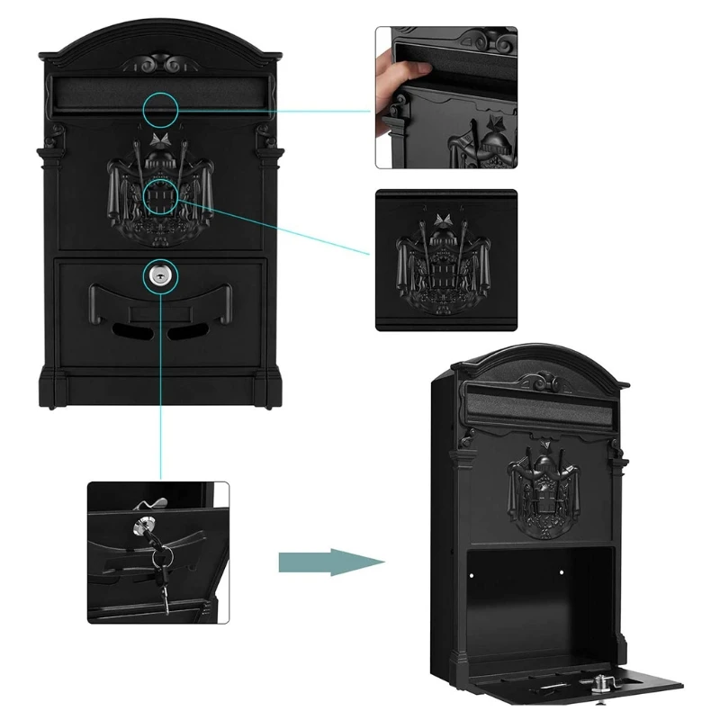 European-Style Villa Letterbox Outdoor Waterproof Mailbox Wall Mount Postbox Retro Suggestion Box with for Key Lock for