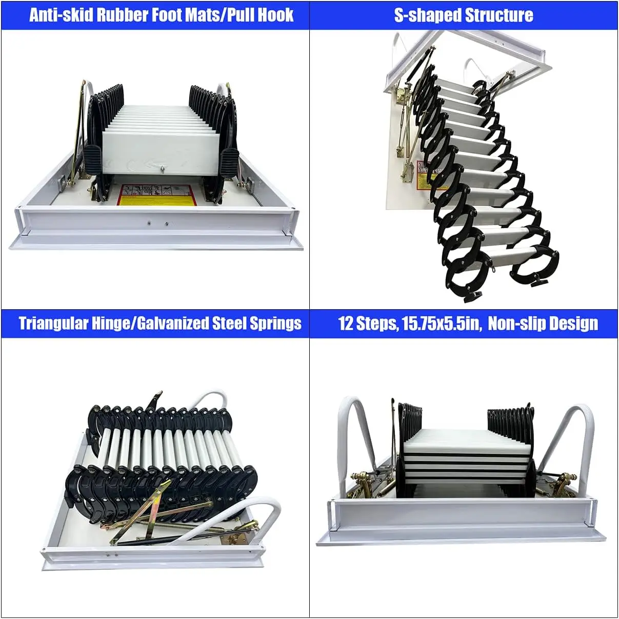 تلسكوبي سلم قابل للطي مخفي درابزين أسود خطوة بيضاء الألومنيوم المغنيسيوم تركيب السقف 70*90 سنتيمتر