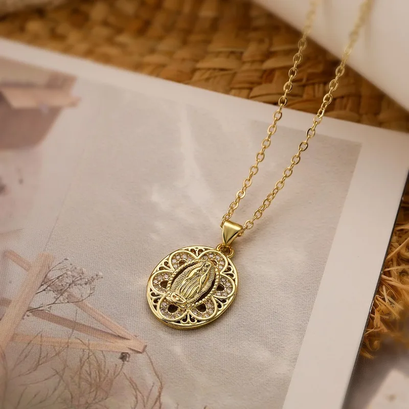 Vintage Guadalupe Virgin Mary Necklace Gold Plated Filigree Oval Pendant Adjustable And Stackable Chain Link Jewelry Gift