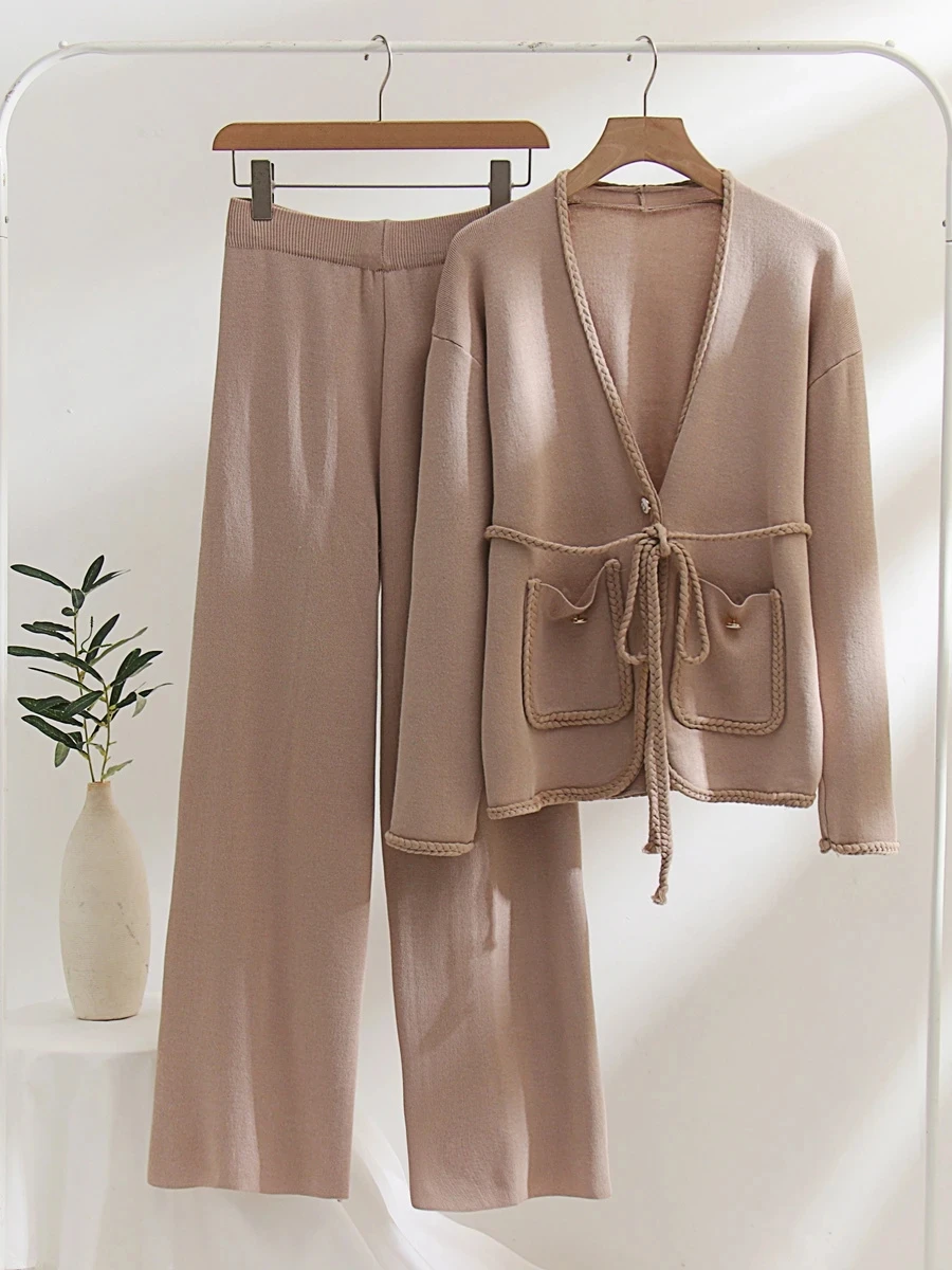 

New Spring Autumn Knitted Loungewear Women Suits Long Sleeve Sweater Wide Leg Pants Home Sets Loose Lace Up Cardigan Outfits Set