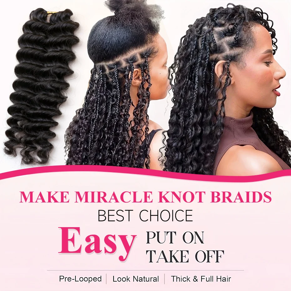 Deep Wave Human Hair Crochet Extensions 1B Natural Black Knotless Pre-Separated Feather Crochet Hair Loose Wave Bulk Braiding Hair No Weft Soft Real Human Hair Invisible Miracle Knots Boho Braids Remy Hair Extensions for Women Ladies - view 4