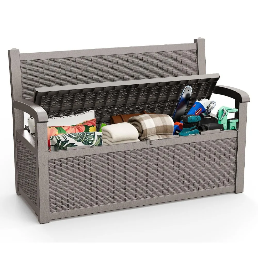 80 Gallon Storage Bench Deck Box Outdoor with Armrests, Storage Furniture Waterproof Lockable for Porch Patio and Garden