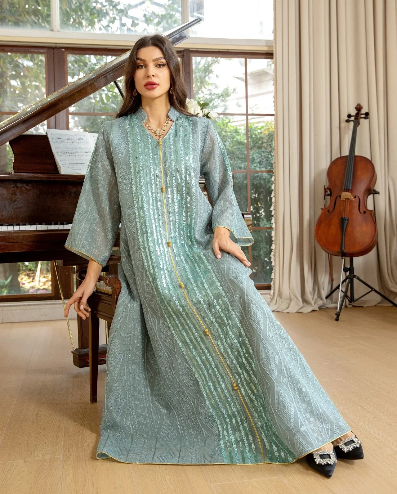 

Eid Mubarak Djellaba Sequin Embroidery Mesh Abaya Muslim Women Maxi Dress Dubai Turkey Kaftan Ramadan Islamic Jalabiya Marocain