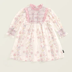 Spring Girl Floral Long Sleeved Dress 2024 Autumn Children'S Pastoral Style Clothing Wooden Ear Edge Temperament Princess Dress