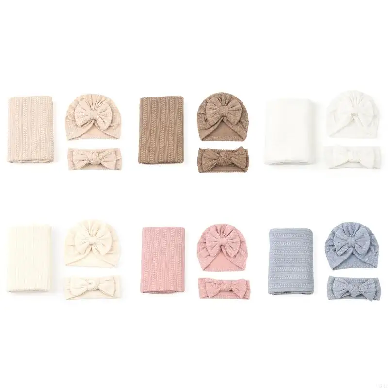 

U6XE 3pcs Newborn Baby Wrap Swaddle Blanket Headbandand Hat Bowknot Receiving Blanket