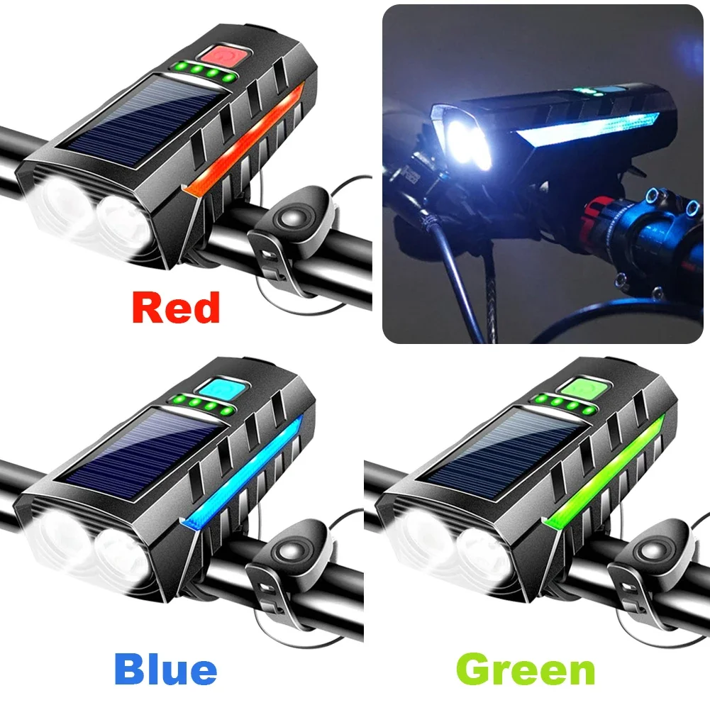 Solarna lampka rowerowa LED z klaksonem 130 dB MTB Road Bike Przednia lampka rowerowa USB z możliwością ładowania Latarka rowerowa z wysokimi światłami do nocnej jazdy