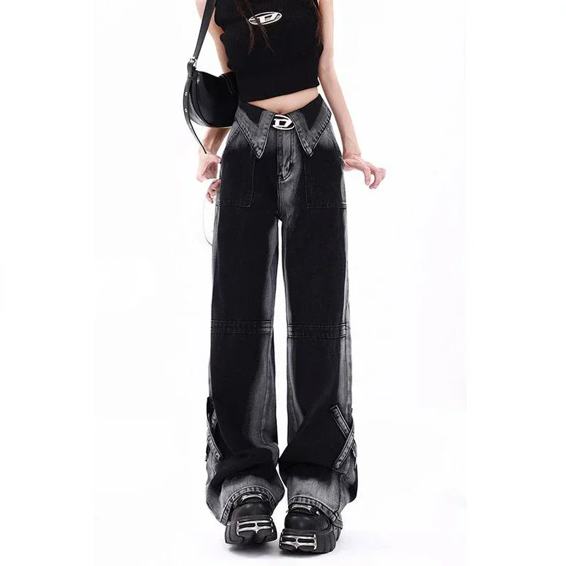 

Vintage American Jeans High Waisted Flanging Black Autumn Winter Washed Gradient Straight Wide Leg Y2K New Products Baggy Pants