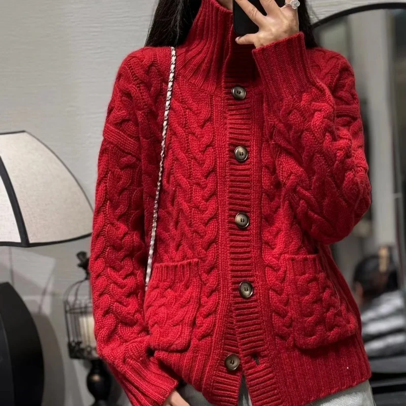 Autumn Winter New Cashmere Sweater Women's Clothing Thick Coat 100% Wool Stand Collar Knitted Cardigan Fashion Twist Flower Tops