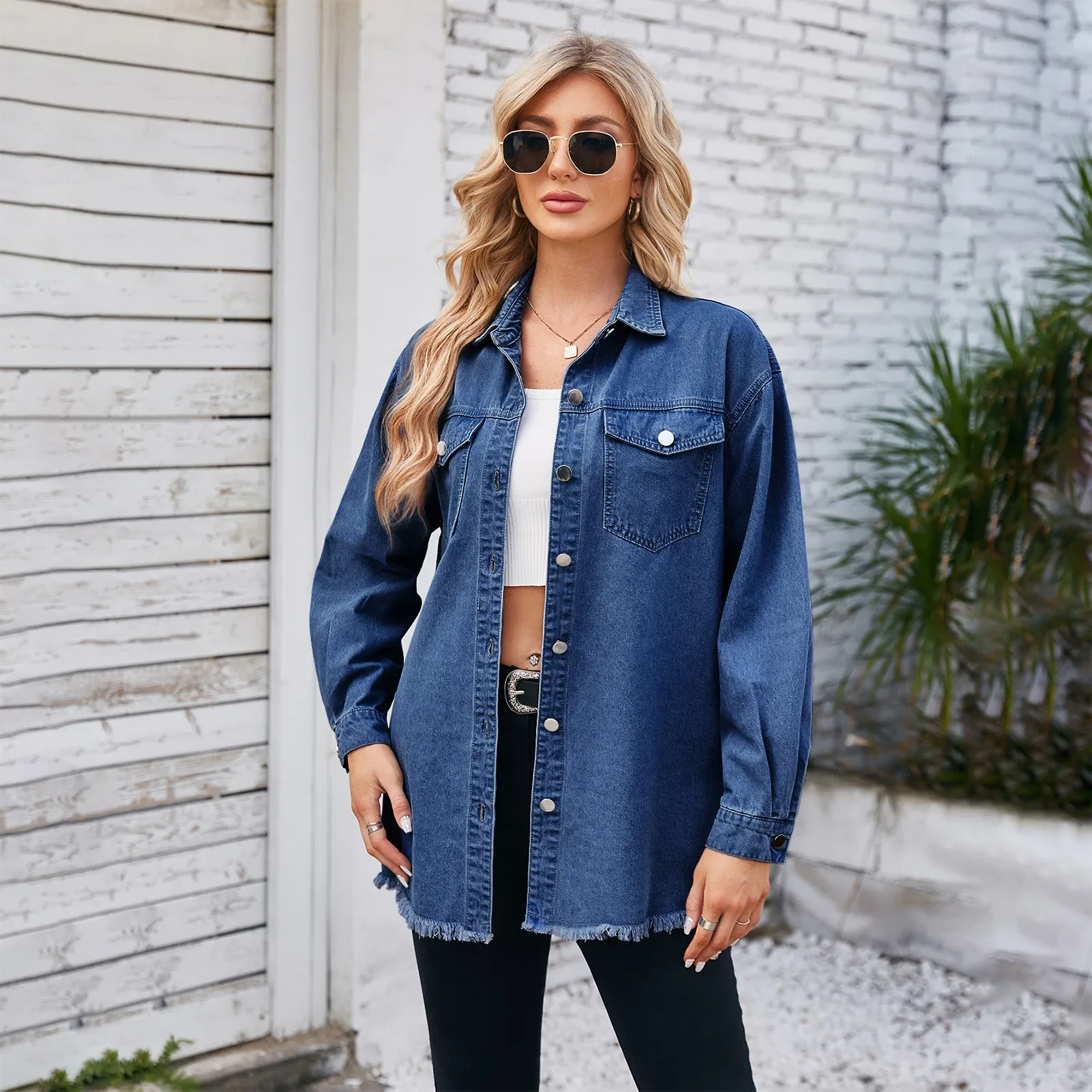 Women Denim Coat Long Sleeve Single Breasted Outerwear Cardigan Jackets Coats Washing Spring Y2k Casual Blue Flash Pockets