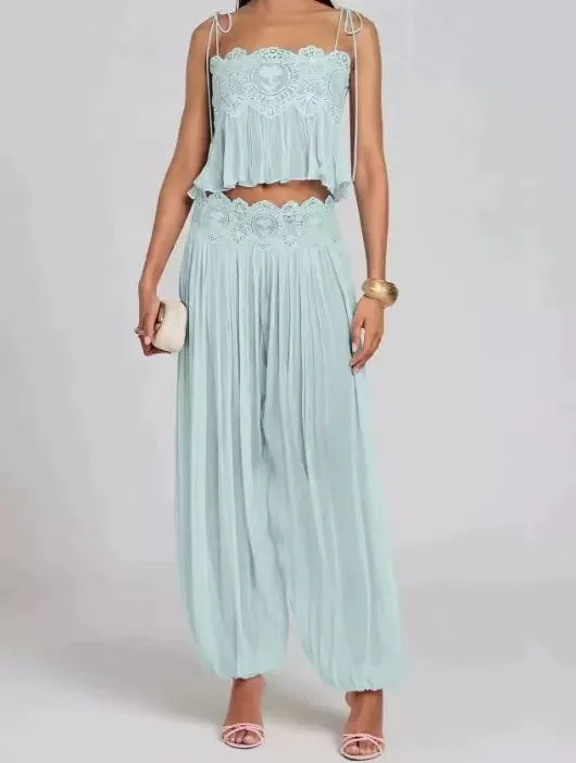 Beach Water‑Soluble Floral Lace Hollow Out Women's Pants Sets, Ruffles Spaghetti Strap Crop Tops, Loose Pleated Lantern Pants, 2 image 5