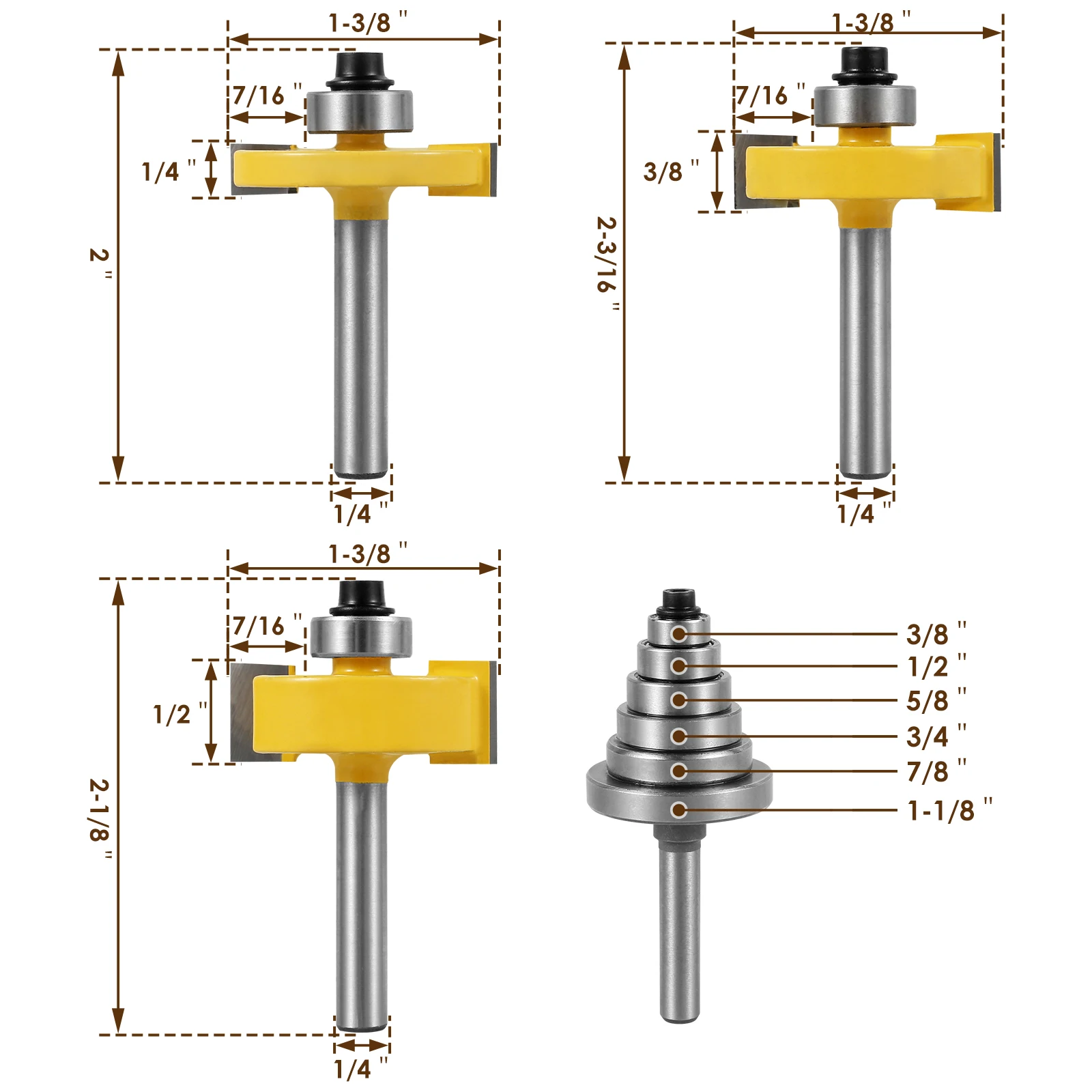 3PCS 6mm Shank Rabbet Router Bit with 6 Interchangeable Bearings Set Adjustable Tenon Cutter Cemented Carbide Woodworking Bits