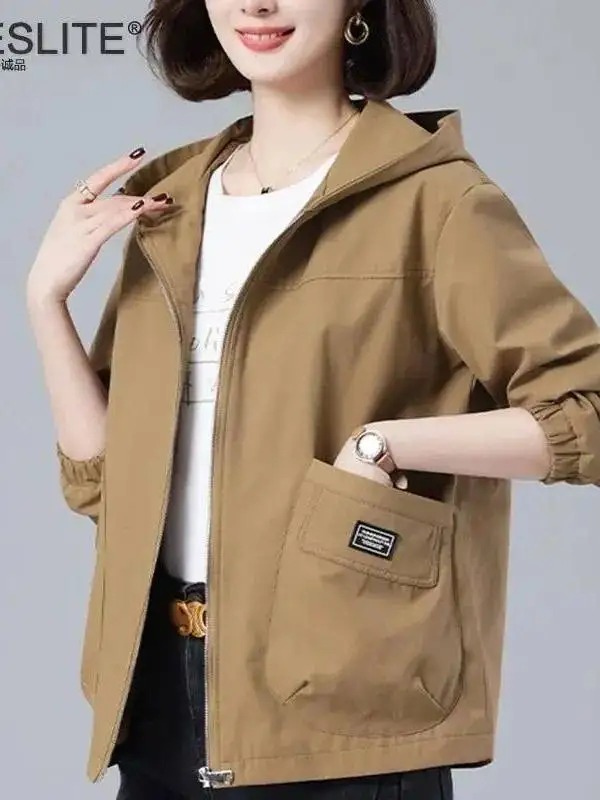 

Women's Windbreaker Jaet with Big kets Middle-Aged M Hood Cotton Autumn Faion Ladies' Coat with Stand Collar