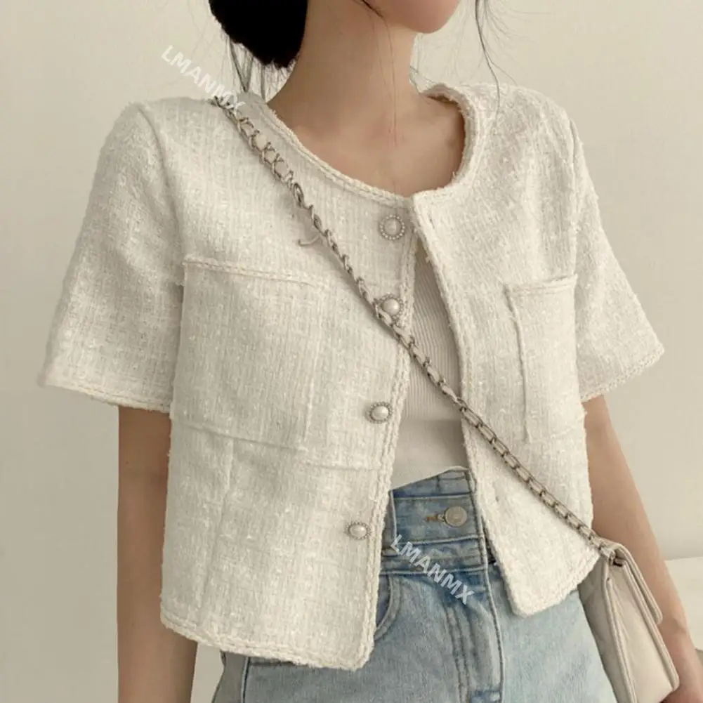 Women Coat Blazer French Style Elegant Outerwear Short Sleeve Single-breasted Short Color Matching Spring Fall Cardigan Jacket