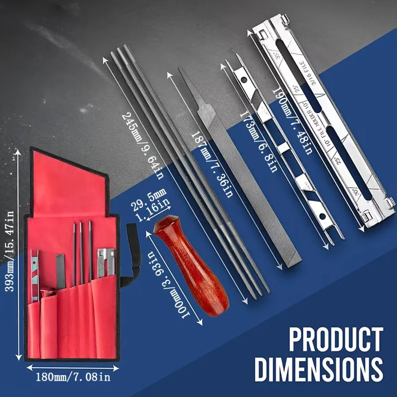 Chainsaw Sharpening Kit - 9 Piece Set with Round Files (5/32", 3/16", 7/32"), Flat File (6"), Handle, Filing Guide, and Travel P