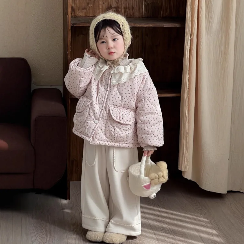 

2025 Autumn Winter Pink Floral Cotton Jacket Girl Children Kid Stylish Lace Collar Padded Coat Baby 2-10 Years Toddler Outfit