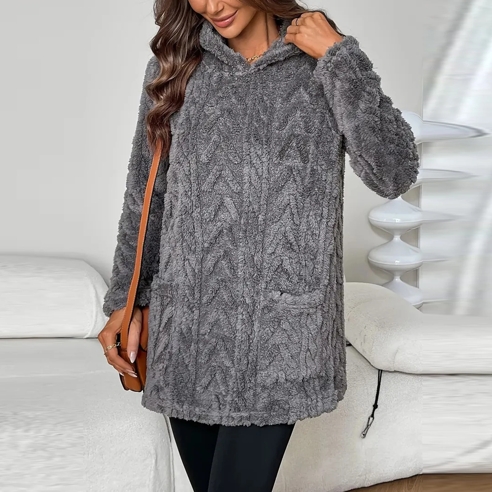 Sweat-shirt à capuche décontracté pour femmes, couleur unie, coupe ample et poches en polaire, vêtements d'hiver pour femmes