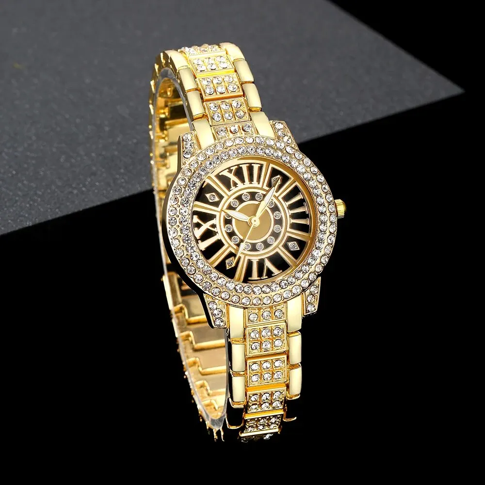 2pcs Luxury Quartz Wristwatches Simple Bracelet Women Leisure Casual Round Pointer Rhinestone Dial Watch Rhinestone Bracelet Set