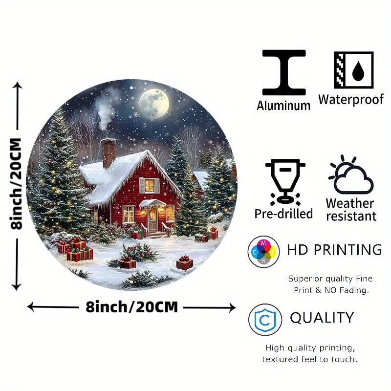 Charming 20.32x20.32cm Round Aluminum Christmas Wreath Sign - UV & Scratch Resistant, Easy-Hang, Outdoor-Ready with Pre-Drilled