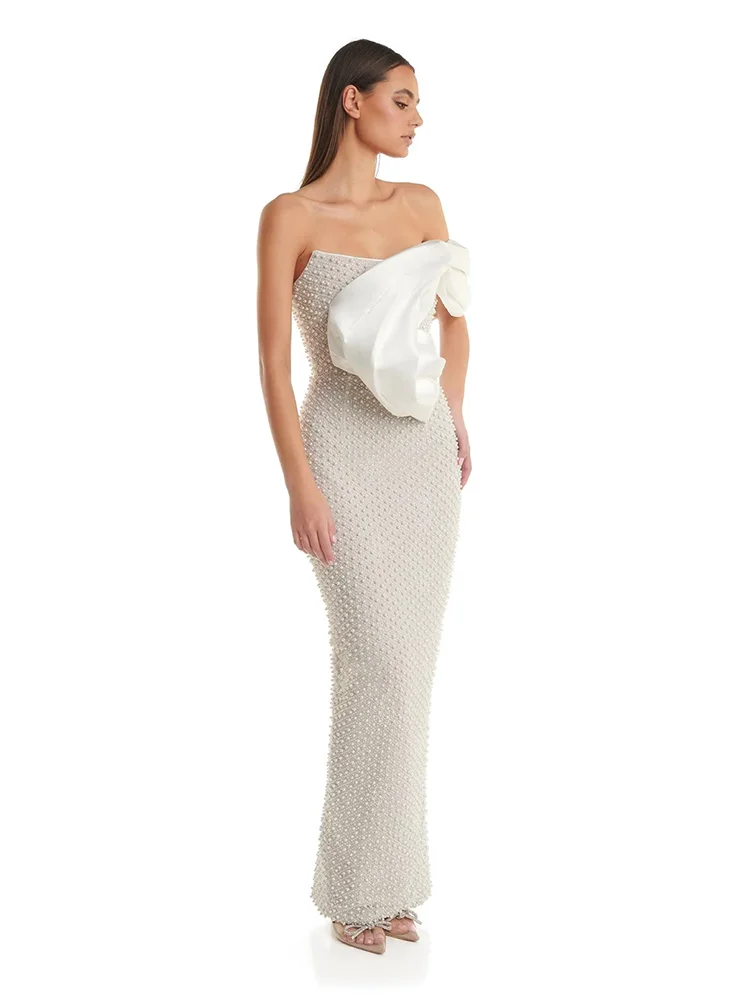 Sexy One Shoulder Luxury Pearl Design Long Dress Women White Strapless Beading Sequins Slim Dresses Celebrity Party Vestidos