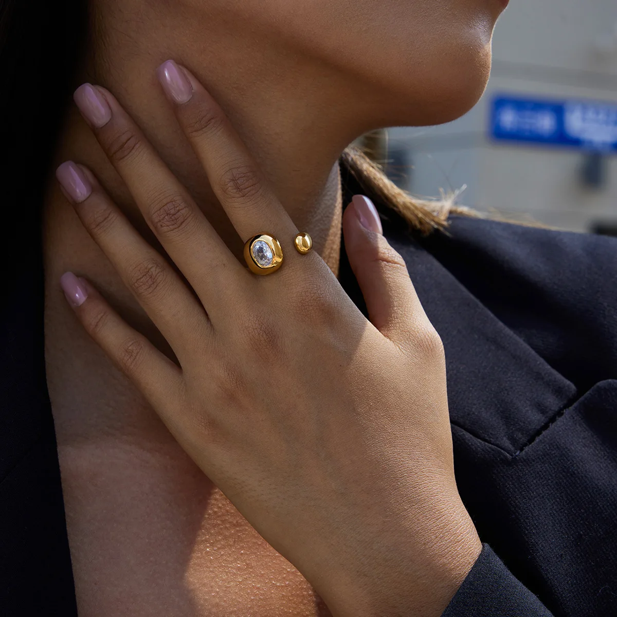 Ars 18k Gold Plated Inlaid Zircon Open Ring for Women Stainless Steel Open Band Rings Statement Ring Non Tarnish Everyday Rings