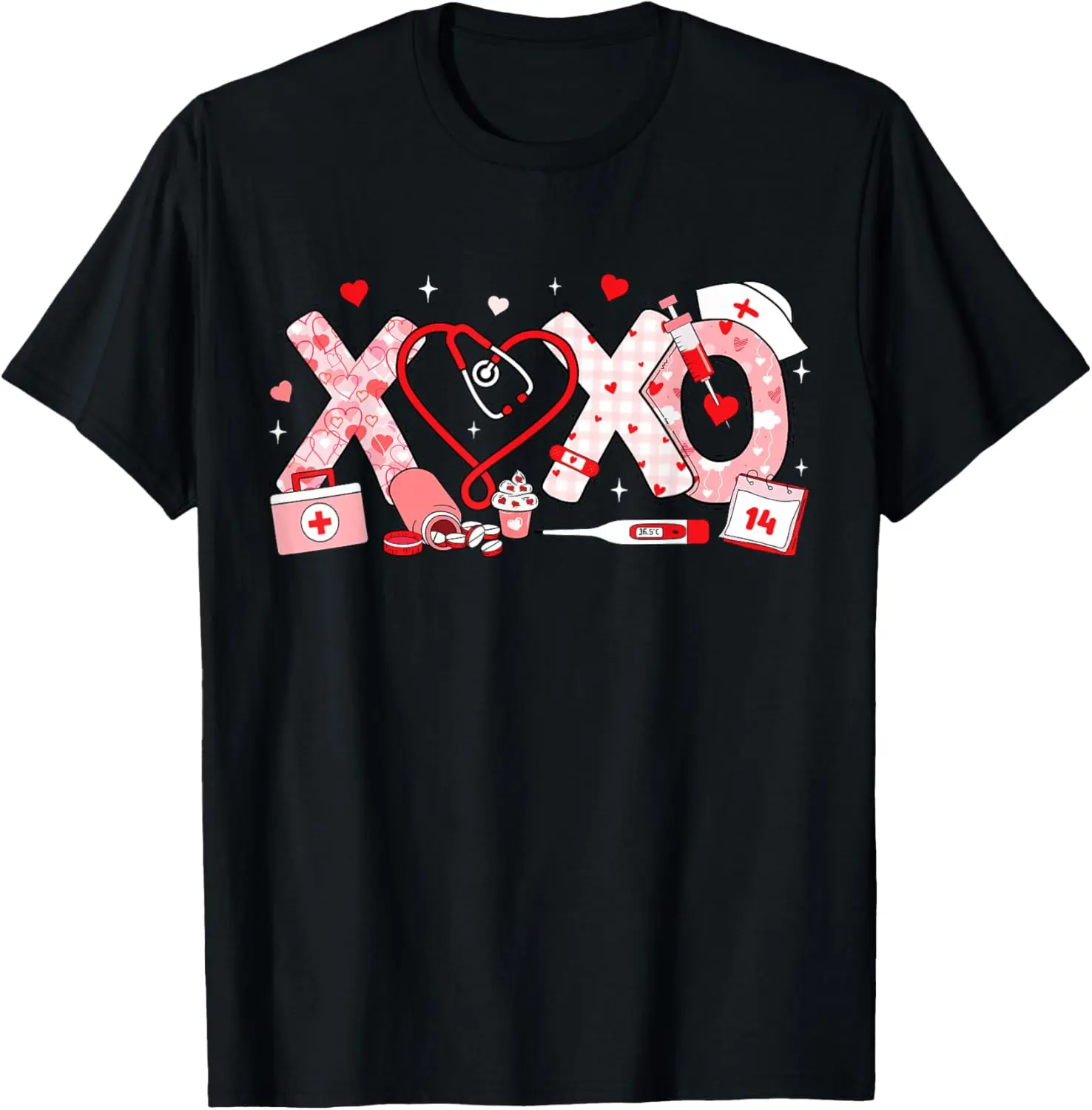 

XOXO Nurse Valentines Day Shirt Stethoscope Medical Graphic Tee Casual Cotton T-Shirt for Women