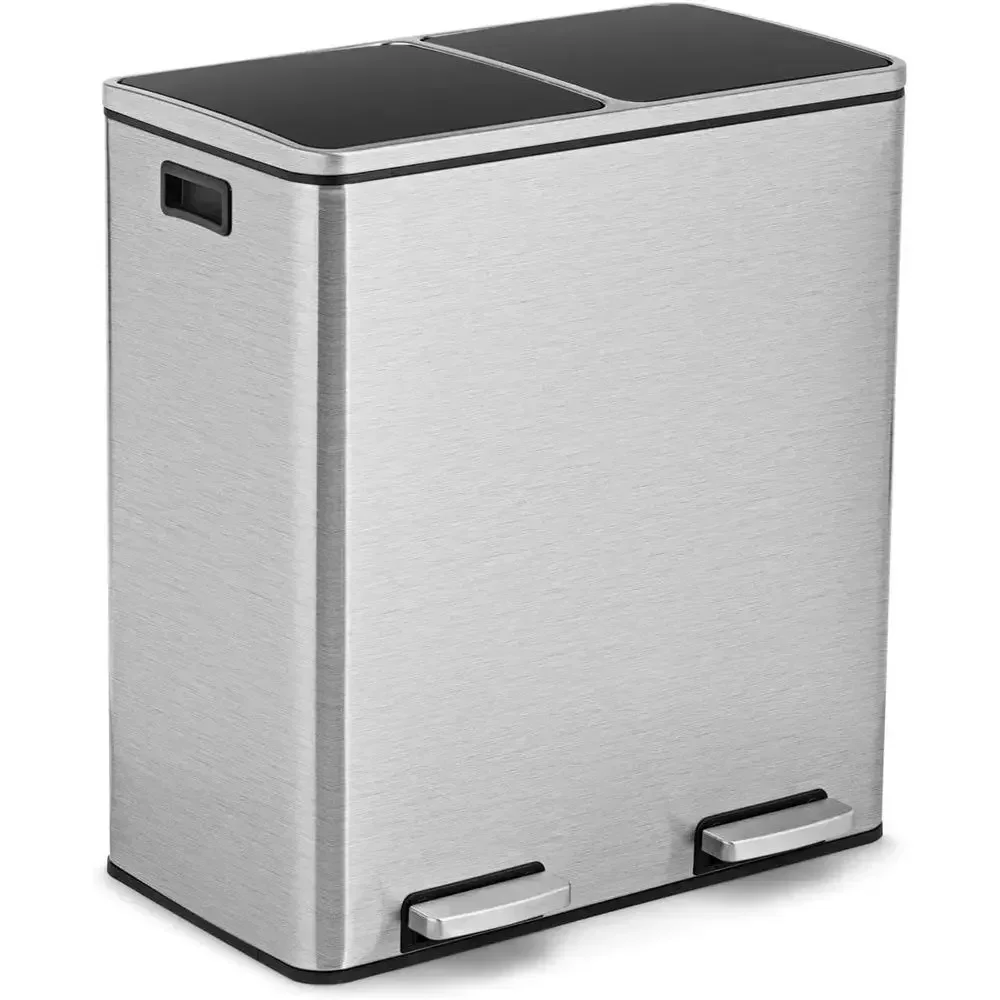 

Dual-Compartment Stainless Steel Trash Can with Inner Buckets and Hinged Lids, 8 Gallon Capacity for Kitchen and Office Recyclin