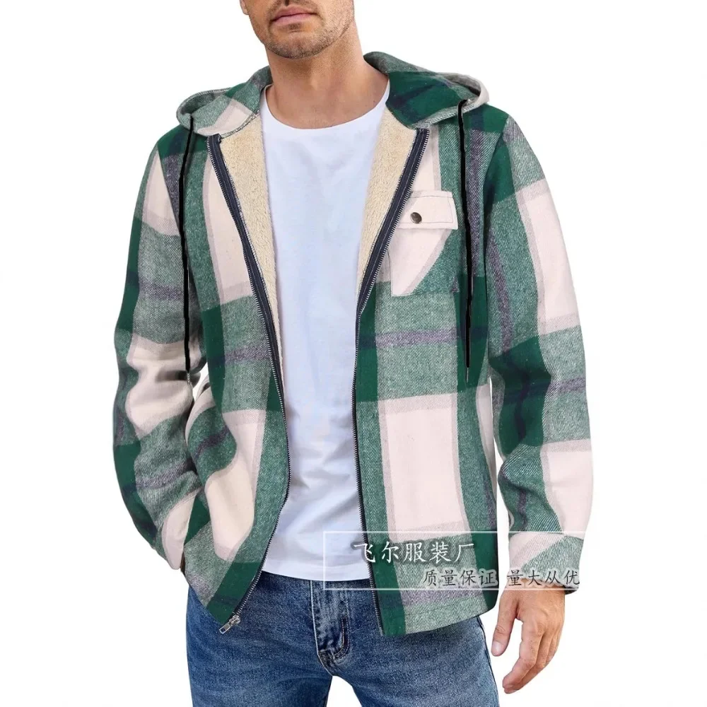 Winter Thick Warm Flannel Hooded Jacket Mens Sherpa Fleece Lined Coats Button Casual Plaid Shirt Jacket for Male Pockets Outerwe