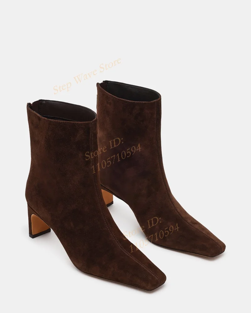 Brown Suede Zipper Ankle Booties Small Square Toe Block Middle High Heel Solid Women Shoes Handmade 2026 Winter Autumn Boots