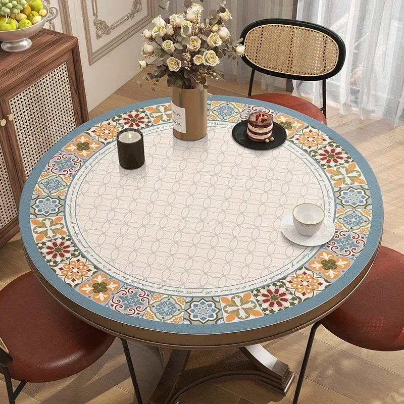 Retro Round Print Table Cloth PVC Leather Tablecloth Mat Table Table Tapete Picnic Blanket Waterproof Oil-proof Home Decaration