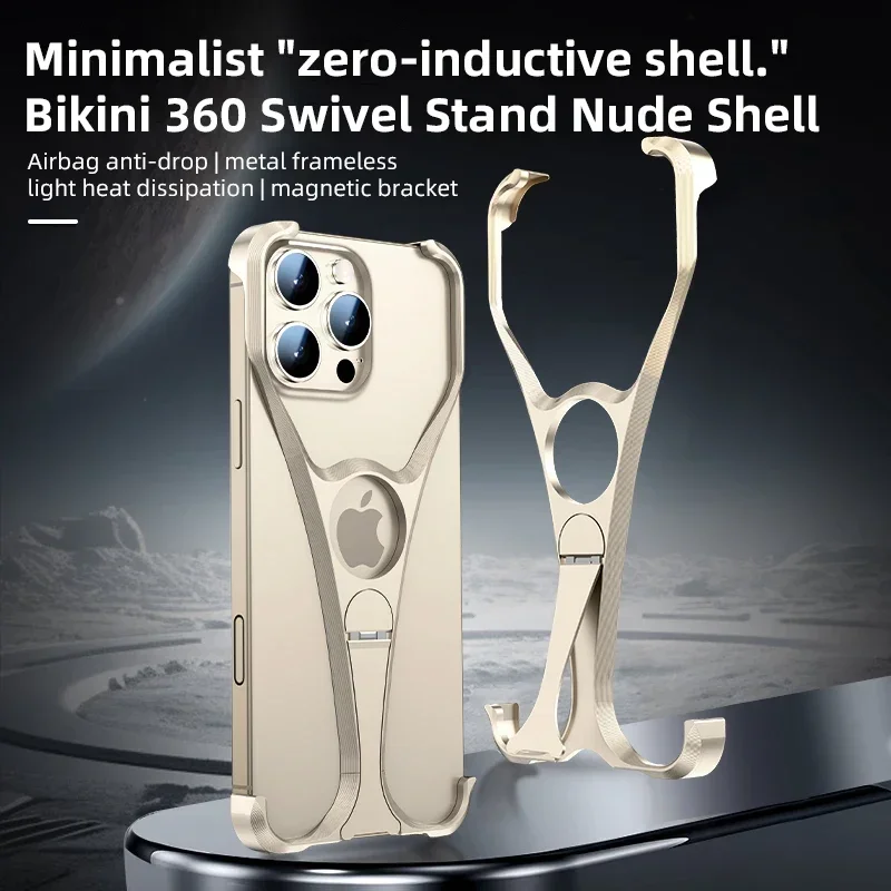 Bikini Aluminum Frameless Frame Phone Case For iPhone 13 14 15 16 Pro Max Metal 360° Rotating Magnetic Bracket Shockproof Cover