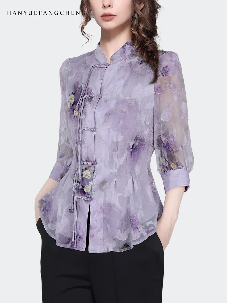 Retro Chinese Style Floral Print Chiffon Blouse Women Disc Buckle Tops Fashion Light Purple Female Spring Summer Shirts