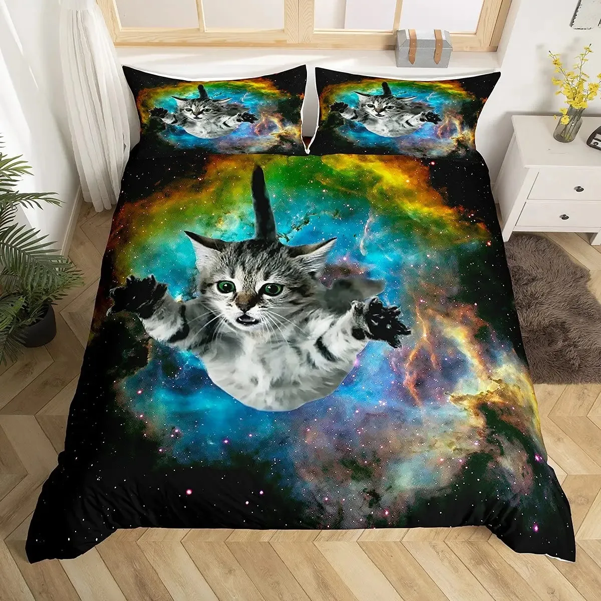 

Galaxy Cat Duvet Cover Set Girls 3D Digital Cat Bedding Set Galaxy Colorful Cat Starry Sky Comforter Cover Lover Quilt Cover