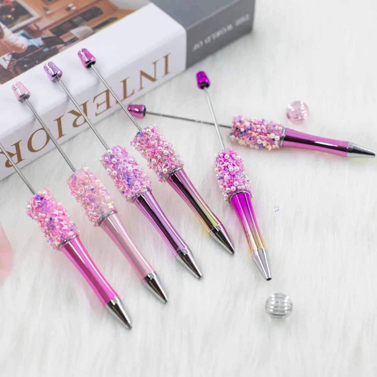 10Pcs DIY Glitter Electroplating Beaded Pen Handmade Multi-color Beadable Ballpoint Pen Student Signature Pen Wholesale Office