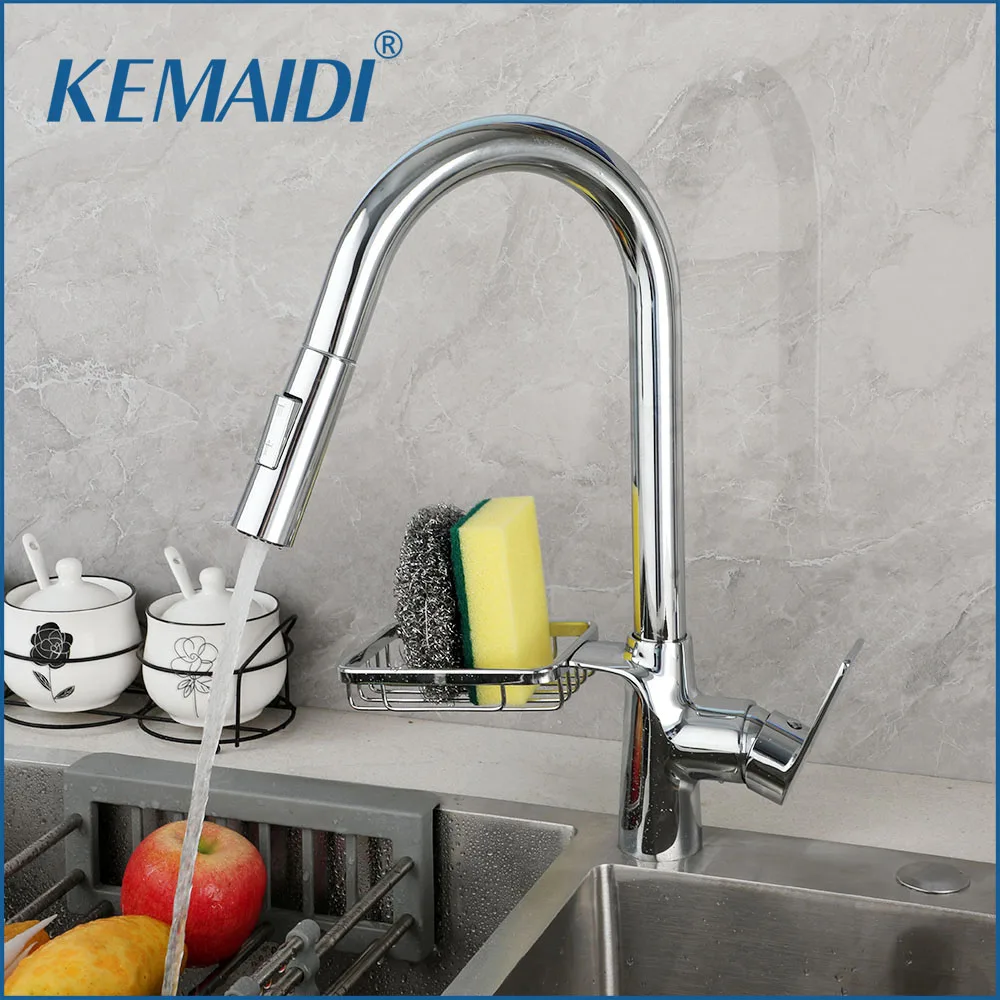 KEMAIDI Kitchen Faucet w/ Storage Basket High Arc Stainless Steel Kitchen Sink Faucets 2 Function Pull Out Mixer Tap Deck Mount