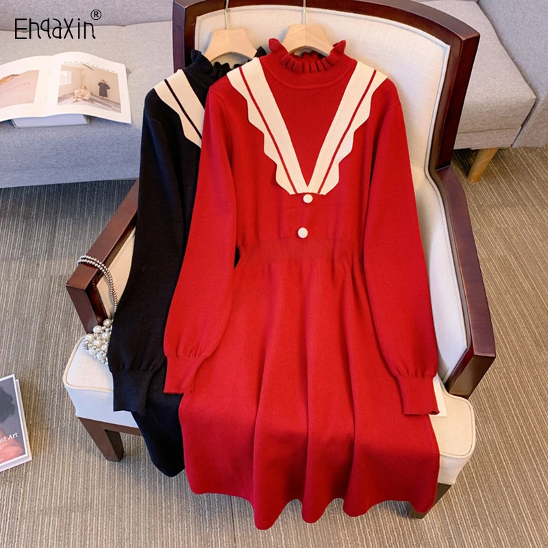 

EHQAXIN Autumn Winter Women's Dress Fashion 2023 French Casual Ruffle Knitted A-Line Sweet Long Sleeve Button Dresses M-4XL