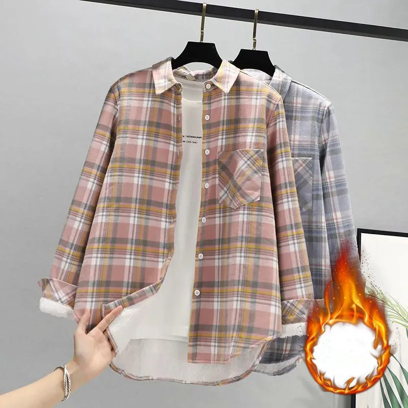 Women's Velvet Thick Warm Plaid Shirt Female Long Sleeve Tops 2026 New Winter Fleece Casual Check Blouse Autumn Casual Clothes