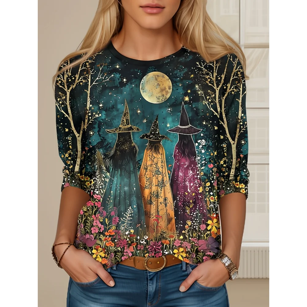 2024 New Women's T shirt Witch Moon 3d Print Halloween Casual Long sleeves Trendy T-shirts Crew collar T-shirts fashion tops