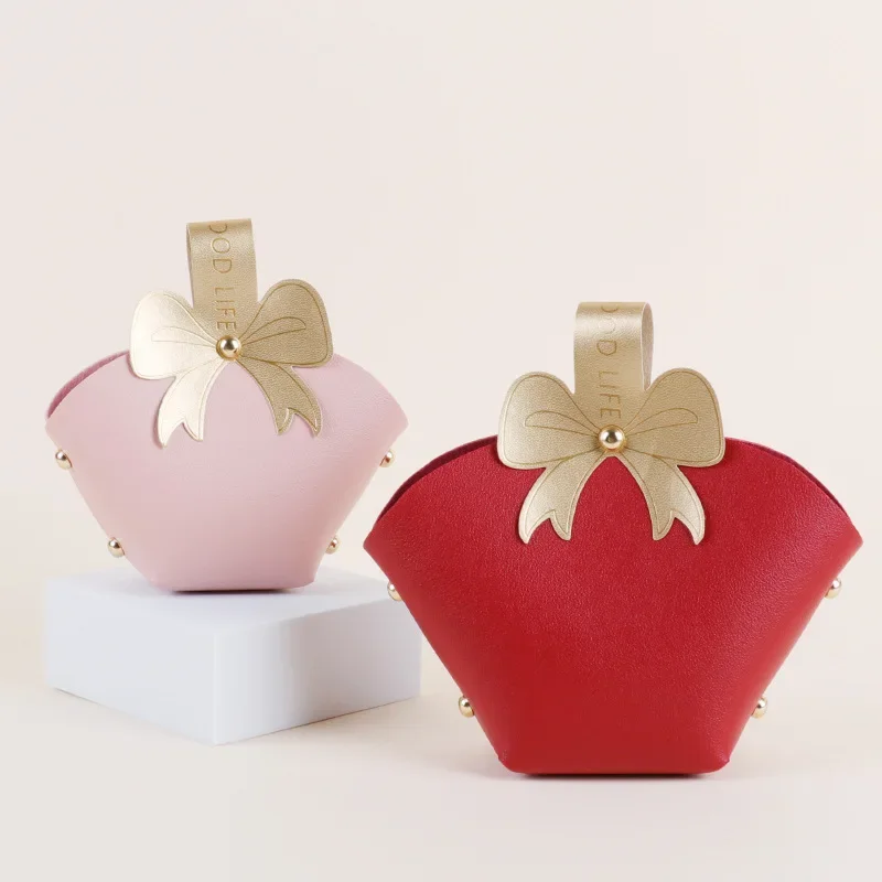 5PCS Leather Pink Gift Bags Red Bow Packaging Bucket Wedding Favour Birthady Bag with Handle for Guest Mini Handbag Candy Box